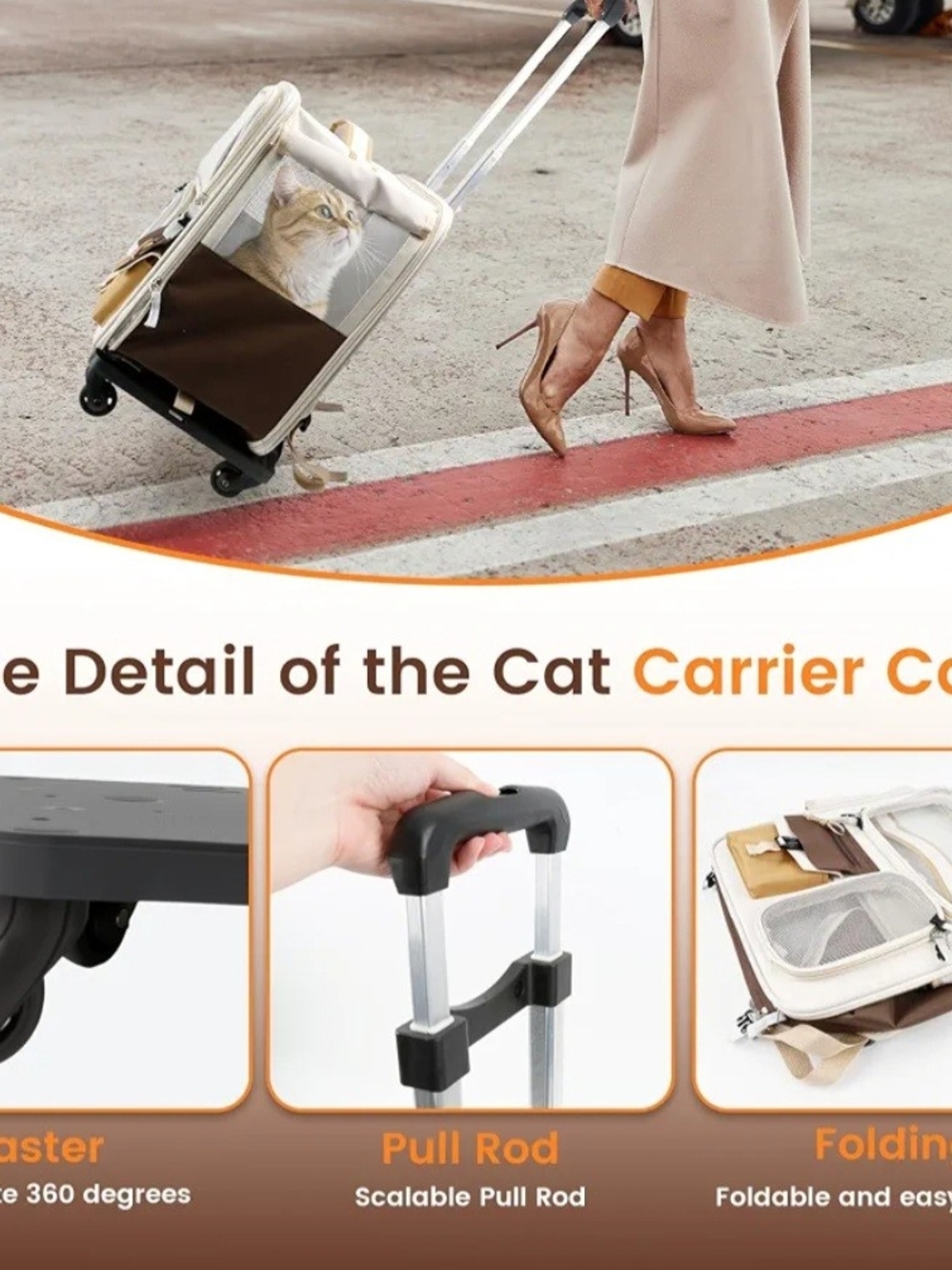 Cat Carrier with Wheels,Foldable Rolling Pets Carrier on Wheel Outdoor Large Cat - Picture 7 of 7